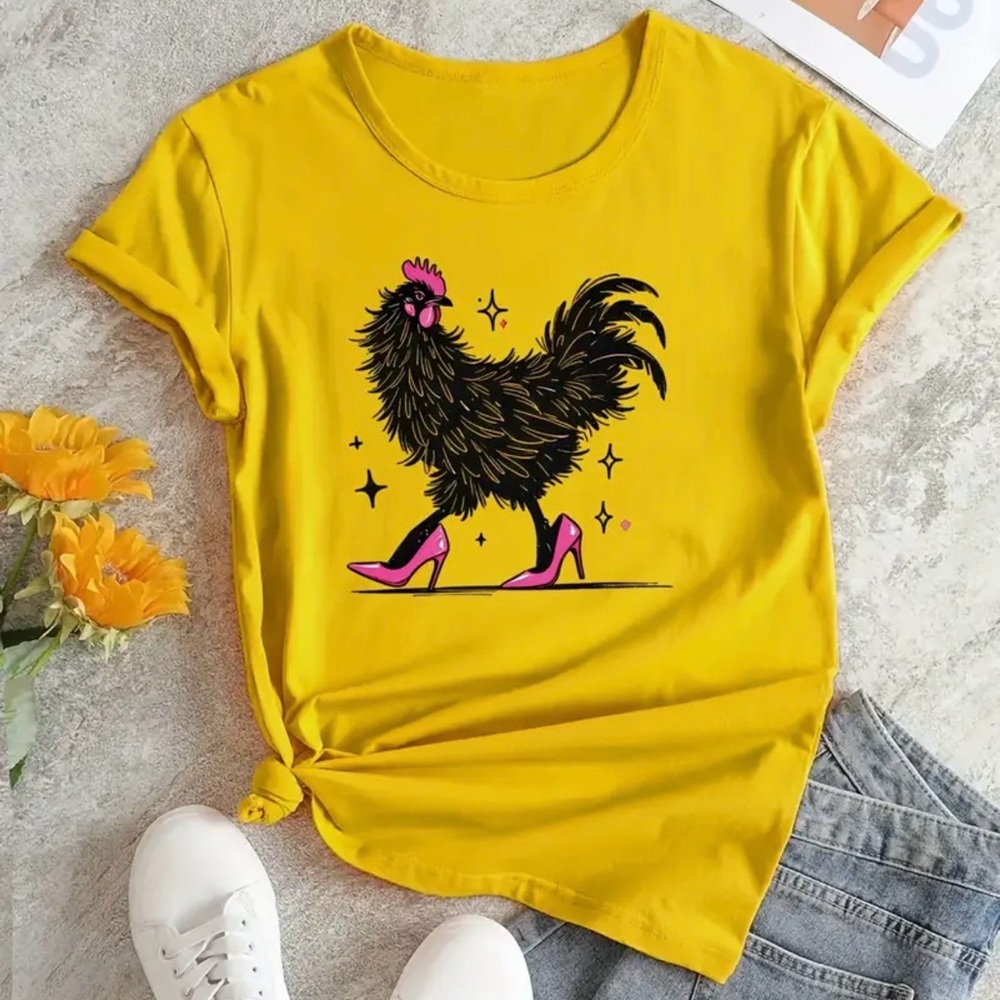 Yellow T-Shirt with Diva Chic Heeled Shoe Rooster Graphic Art Sz L - Picture 10 of 10